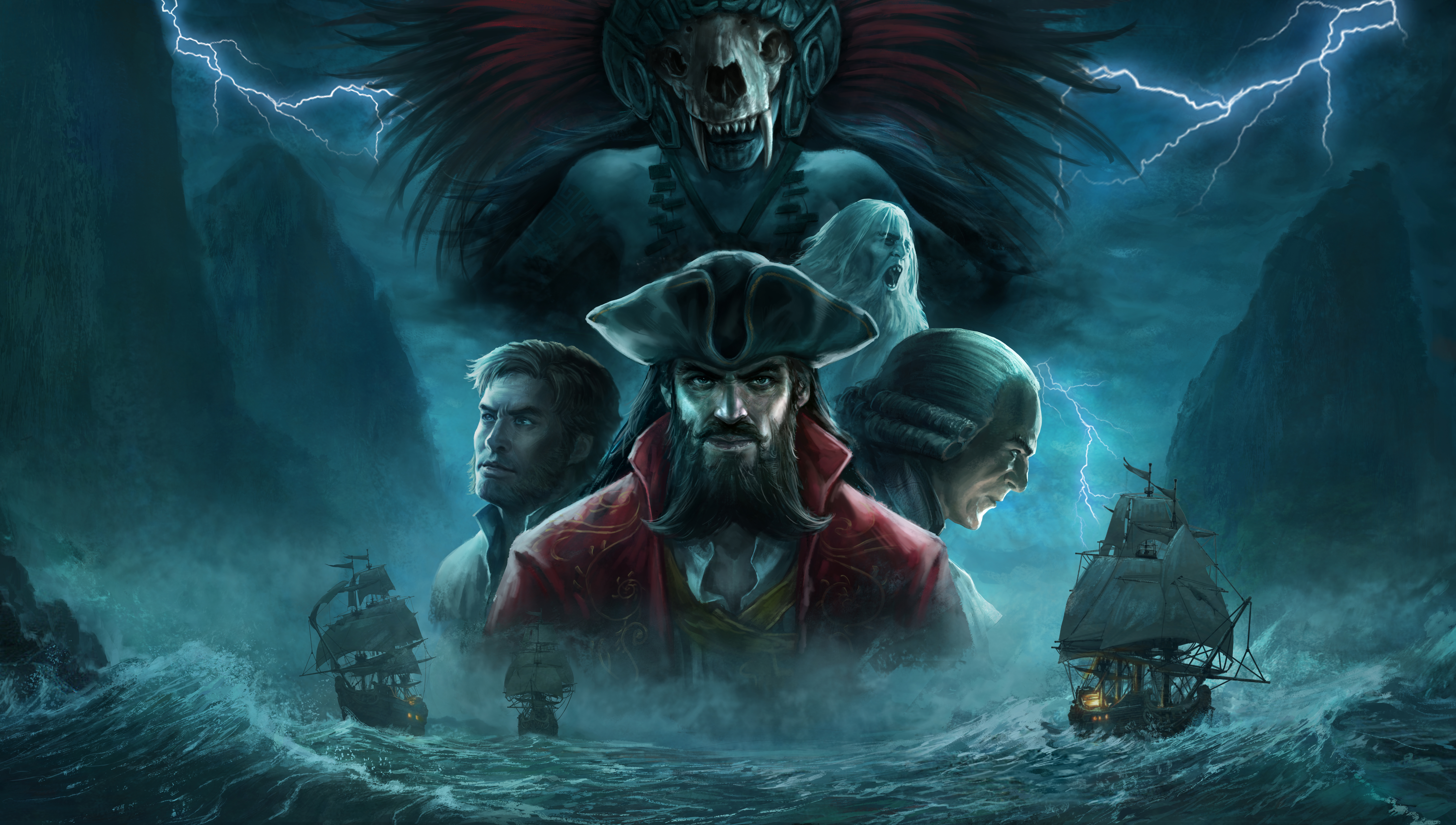 A dramatic promotional image for Flint: Treasure of Oblivion featuring a pirate captain in a red coat surrounded by eerie characters, including a masked shaman, a ghostly figure, and two crewmates. Stormy seas and ships in battle are shown below against a dark, foreboding backdrop.