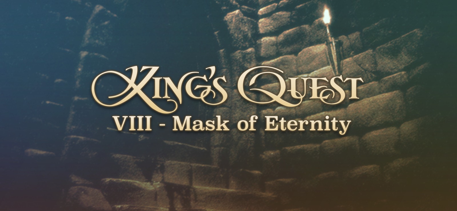 King’s Quest VIII: Mask of Eternity title screen with golden text against a dark, stone dungeon background.