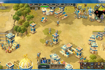 Age of Empires Online Spartan city hub with blue buildings, villagers, and interface elements visible.