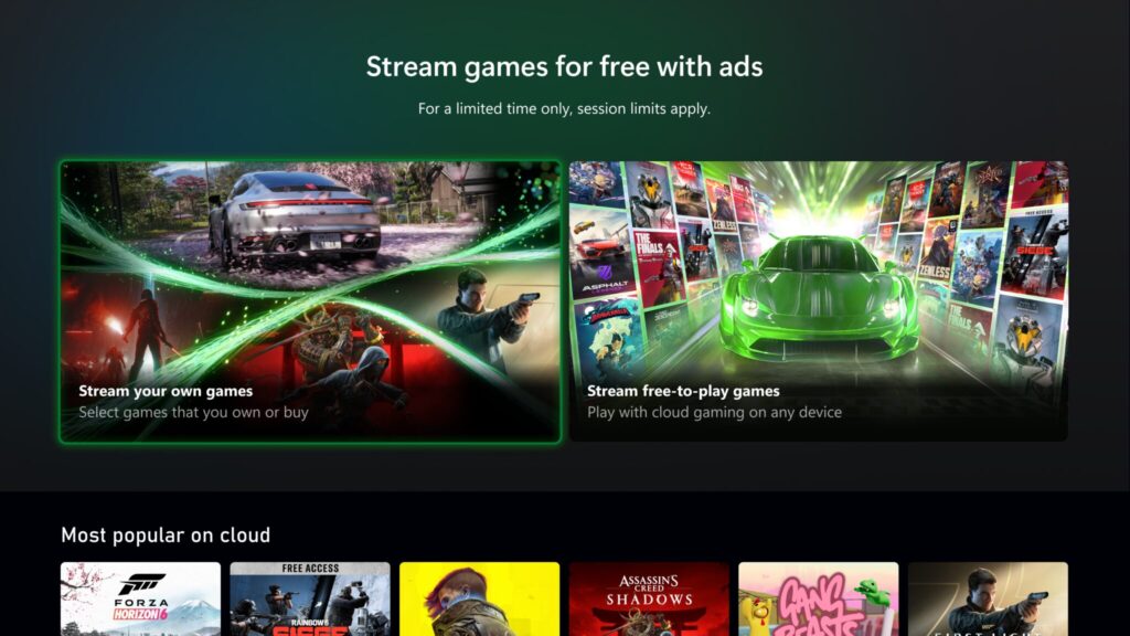 an image of a game‑streaming interface, specifically promoting ad‑supported cloud gaming